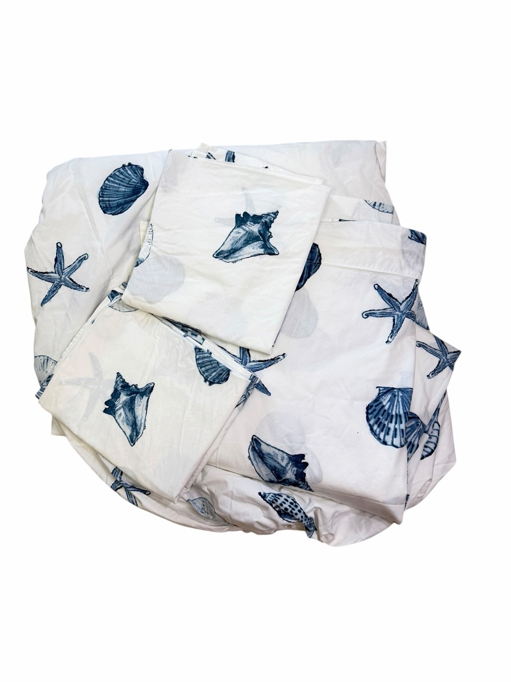 L.L.Bean Seashell Percale Sheet Set Queen Coastal Nautical 4 Pc White Navy - Picture 2 of 7